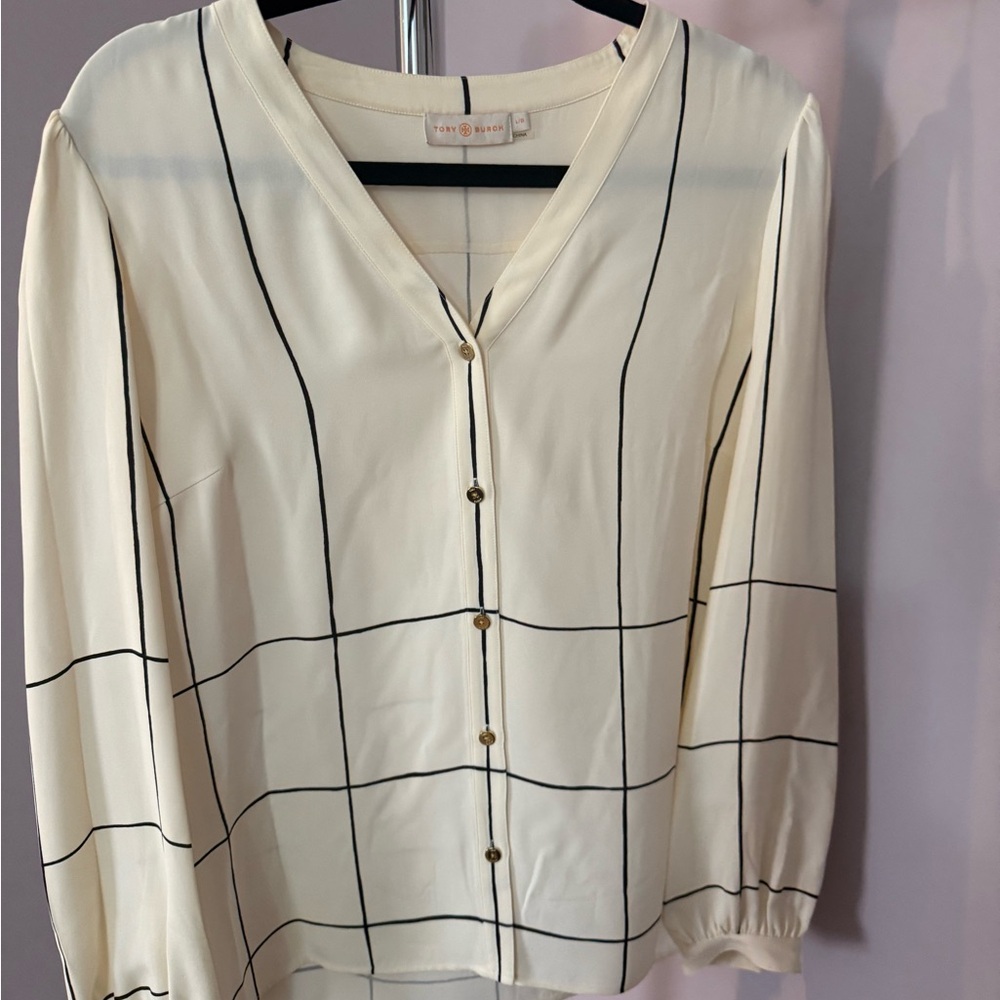 Tory Burch Cream Blouse with Black Check Pattern